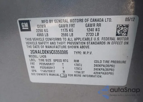 2012 Chevrolet Equinox 1Lt z USA, uszkodzony, nr VIN 2GNALDEK9C6350386